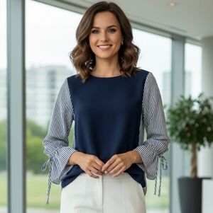 Navy Pinstripe Bell Sleeve Blouse with Tie Detail SZ 8 – Mixed Media Blouse